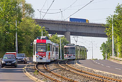 GT-N 265 und GT-E 206 am unteren Abschnitt der Steilstrecke zum Stadtteil Heuchelhof. 12.06.2015 – André Werske