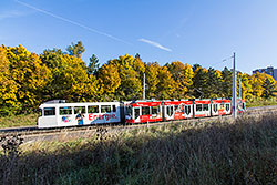 GT-E 204 und GT-N 261 begegnen sich am oberen Abschnitt der Steilstrecke kurz vor der Haltestelle "Berner Straße". 19.10.2013 – André Werske