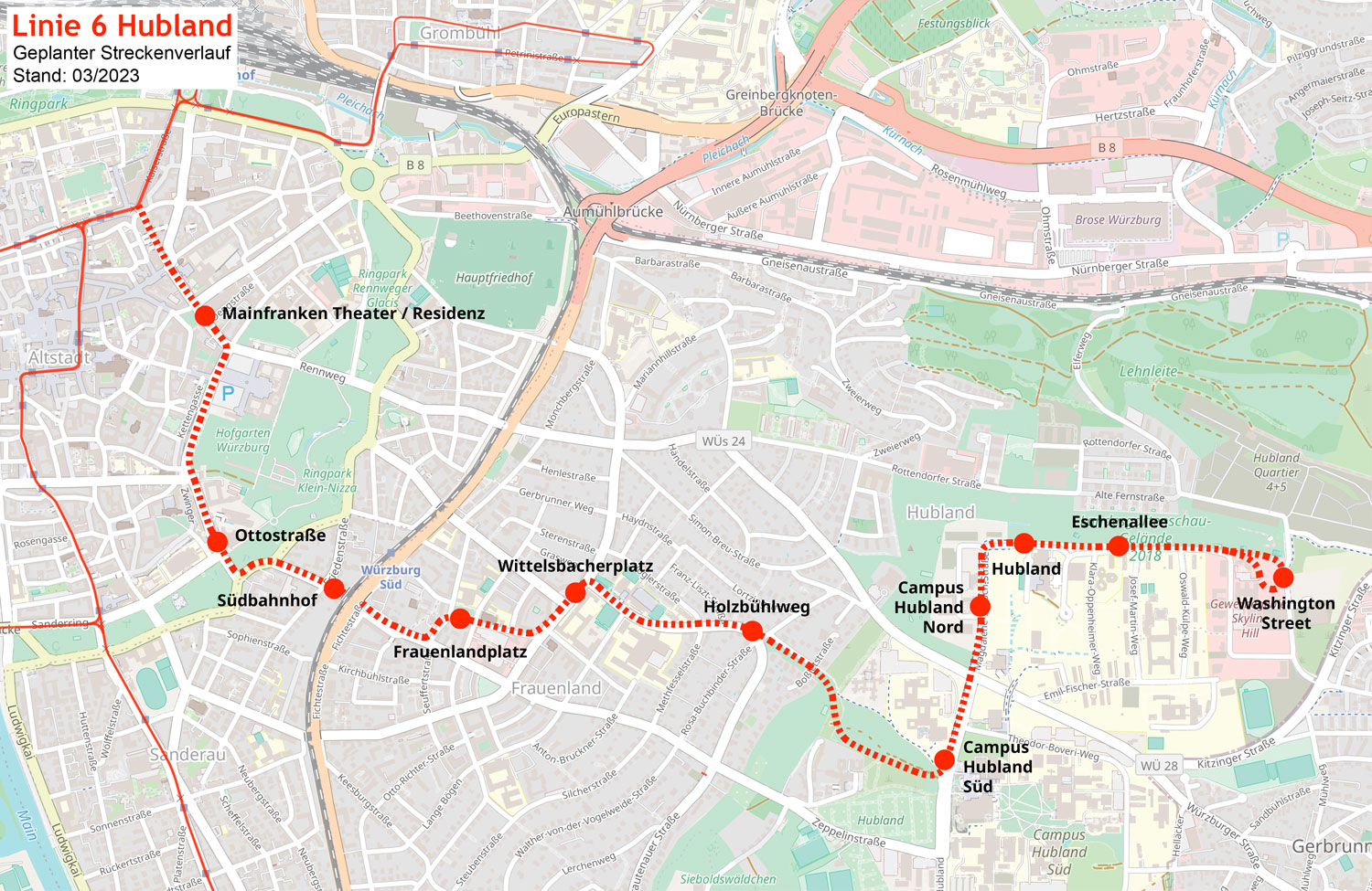 Das Liniennetz der Würzburger Straßenbahn mit der Linie 6